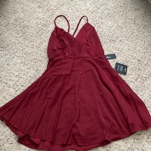 Lulus-NEW- Glam Wine Red Satin Tie-Back Skater Dress